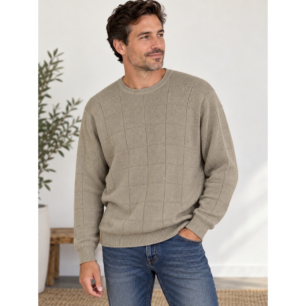 Arrow Sweater Mens Large Beige 100% Cotton Grid Textured Knit Crew Neck Pullover